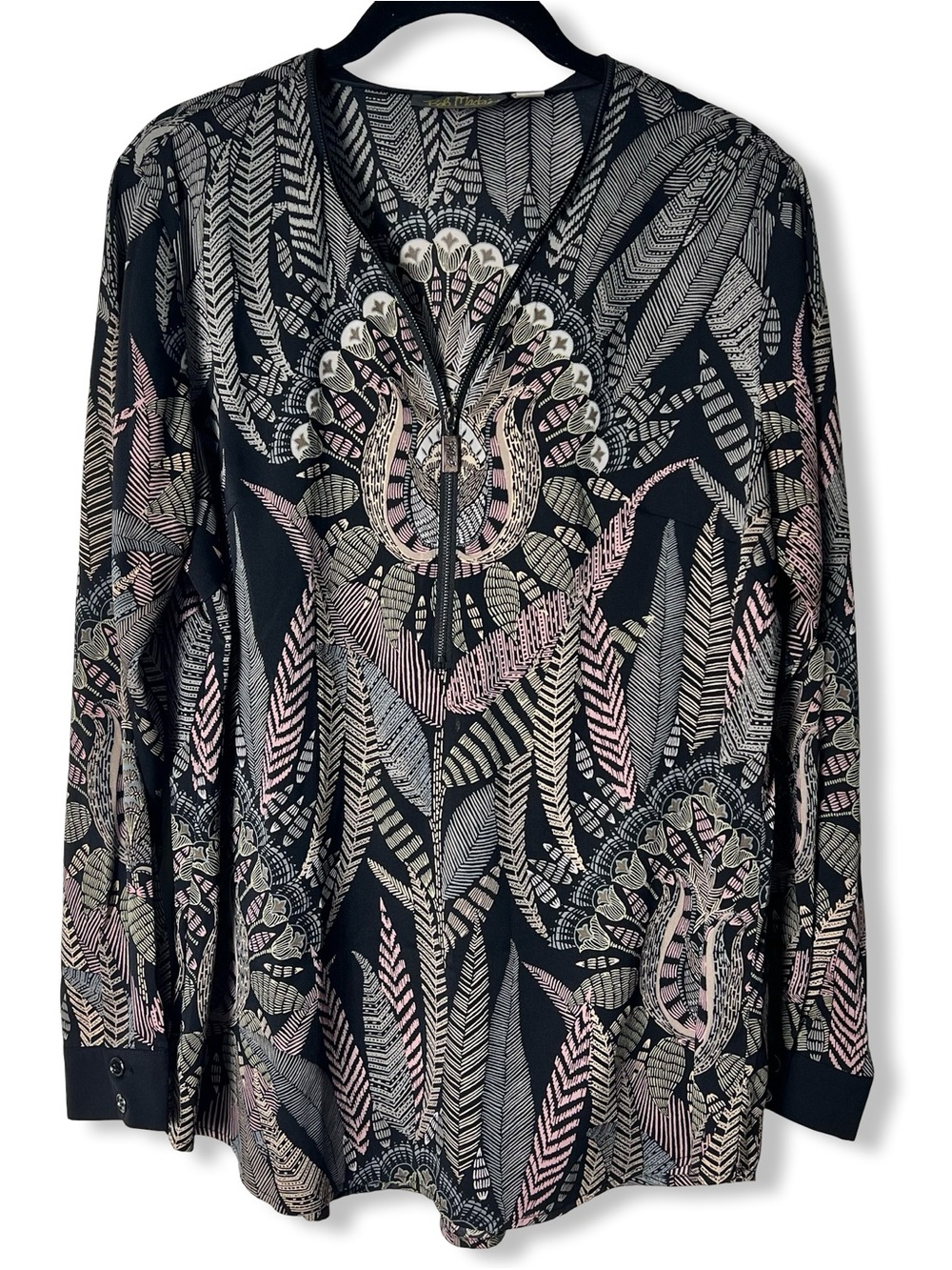 Bob Mackie Wearable Art Half Zip Feather Print Tunic Top Sz M